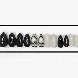 Artificial Nails: Glossy Black,White With Heart/Shape Almond (Set of 20 with nail glue, nail file, cuticle pusher, cleaning wipe) image 1