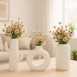 Zynkraft Ceramic Flower Vase | Pampas Grass Vases Set | Home Decor Centrepiece | Decor Showpiece (Pack of 3) (Shape- Donut, Cactus, Bottle(Size- 6, 8, 6 Inch)-image-70