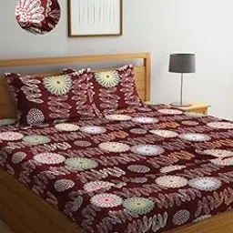 DECOMIZER Cotton Feel Glace Cotton Elastic Fitted Printed Queen Size Double Bed Bedsheet with 2 Pillow Cover Fits Upto 8 inches Mattress,Size- 60x78x10 Inches,Circle Flower Brown,300TC-image-5