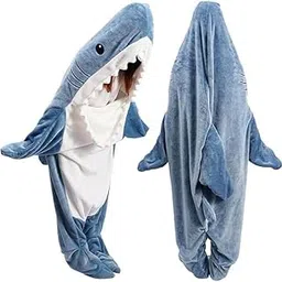 keviv Shark Adult Onesie Pajama, Blue Flannel Plush, Wearable Blanket Costume with Hood, XL Size for 168-180cm Height, Halloween-picture-33