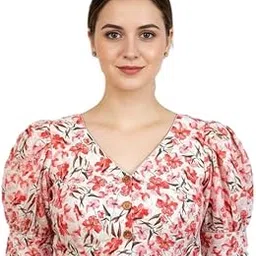 Women's Floral Print Crop Top, V-Neck Button Front Blouse with Puff Sleeves, Coral and White Summer Fashion-image-11