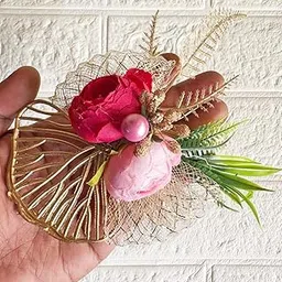 CRAFT SHOP INDIA Peonies Flower Golden Leaf Brooch Hamper, for Decoration, Gifting, Trousseau Packing | Fake Rose Flower Bunch Hamper (12, Rani)-picture-14