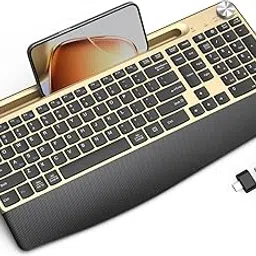 GAMCATZ Ergonomic Wireless Keyboard with Wrist Rest-Low-Profile,Phone/Tablet Holder,Quiet Design，Windows & Mac OS，Full Size Cordless USB Computer Keyboard for Desktop,Laptop, PC, Mac, Windows-Gold-image-53