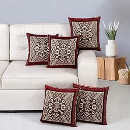 Nendle Jacquard Weaved Decorative Velvet Cushion Cover/Sofa Pillow Cover Set Of 5 Pieces (Maroon, 16X16 Inches), 500 TC-picture-12