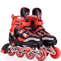 Optimus® Smart Ace Power Red Adjustable Inline Roller Skates with Aluminium Chasis - All PU Wheels (Front Wheel with LED Lights) - Med. Size (35-38) for Age 6 to 12 Yrs (Length 21.5 to 24.4cm)-image-0