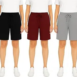 Womens Cotton Shorts,Womens Trousers,Girls Shorts (Pack of 3) Black,Grey,Marron-image-30