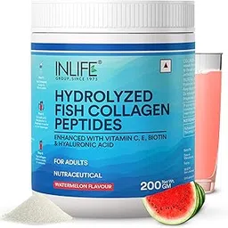 INLIFE Hydrolyzed Marine Collagen Tripeptides Supplement | Vitamin C, E, Biotin & Hyaluronic Acid | For Skin, Hair & Nails (200g, Watermelon) image 1