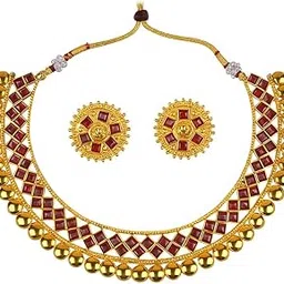 shacha creations - your inner sparkle SHACHA CREATIONS Gold Plated Traditional Choker Necklace Set with Ruby/Stone Work & Matching Stud Earrings for Women/Girls-picture-12