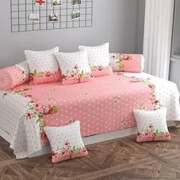 Decozom Stylish Threads Heavy Cotton 8 Pieces Diwan Set ||1 Single Bedsheet, 2 Bolster Covers, 5 Cushion Covers || :- Pink Dot-picture-16