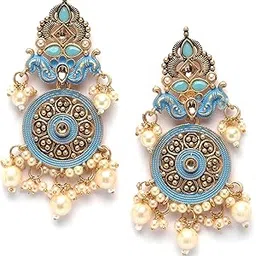 karatcart Gold Plated Light Blue Meena Kundan Dangler Earrings for Women-picture-53