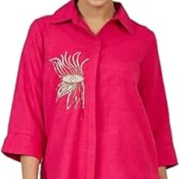 Women and Girls Linen Spread Collar Three-Quarter Sleeves Self Design Regular-fit Premium Embellished Party Shirt-image-41