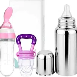 KINDAR CARE Silicone Baby Spoon Feeder Feeding Bottle (90ml, Ideal for 4 Months+ Babies) | Stainless Steel Milk Bottle (250 ML) & Food/Fruit Feeder/Nibbler (Set of 3 Items),KINCARE05-picture-28
