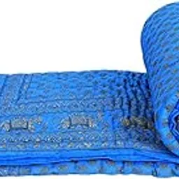 Namaste India Cotton Razai Single Bed Rajasthani Sanganeri Elephant Gold Print Quilt Blanket Sky Blue-image-51