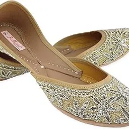 fulkari Women Sequins Flower Gold Genuine Soft Leather Embroidered Jutis | Bite and Pinch Free Jutti | Punjabi Formal Juttis | Girl's Wedding Flat Ladies Mojari | Formal Ethnic Juti |-picture-54