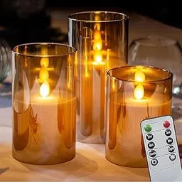 VERVENIX Set of 3 LED Flickering Flameless Candles with Remote & Timer | Battery Operated 3D Wick Pillar Lights for Diwali, Wedding, Home Party & Festive Decoration (Warm White) image 1