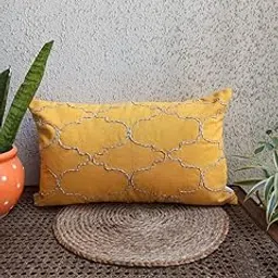 Trending Home Collection Ogee Pattern with Jute Tape Stitched Zippered Cotton Duck Lumbar Cushion Cover (Yellow) | 12x20 Inches | Set of 2|-picture-16