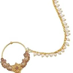 cz stone Gold Plated Nose Pin with Kundan Stones and Pearl Chain for Women-picture-42