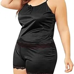 Chill Pookie Women’s Satin Camisole & Shorts Nightwear Set | Soft Sleepwear with Lace Trim | Lightweight Comfortable Night Dress for Women (1, Black, M)-image-69