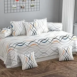 Sands® 180 TC Diwan Cover Set, 1 Single Bedsheet (60 x 90 inch), 5 Pillows (16 x 16 inch), 2 Bolster Covers (16 x 32 inch) (White Waves)-picture-25