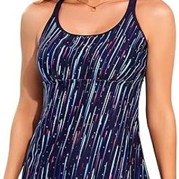 yonique Womens Tankini Top Swimsuits Top No Bottom Athletic Tummy Control Bathing Suits Top Swim Tank Top, Blue Colorful Galaxy Stripes, Medium-picture-40