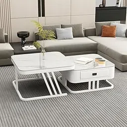 Square Coffee Table with Storage Drawers | Center Table with Premium Marble Finish Top for Living Room, Bedroom, Apartment or Office | Stylish Side Table for Home Décor (White)-picture-28