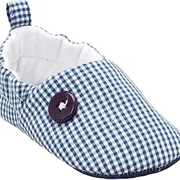 Boys and Girls Cotton Check Printed With Button Applique Infant Shoes in Blue Color-image-19