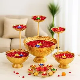 Decorative Taj Urli Bowl Hammered Candle Stand Set of 9 | Gold & Silver Iron Diya Urli with Floating Tealight Holders | Urli Vase Set for Home Decor, Wedding, Festival & Party Decoration-picture-19