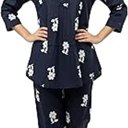 zeyo Co-ords Set for Women's Floral Printed Cotton Night Dress of Kurti and Pyjama Set-picture-14