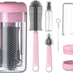JAXHOM Multi-Purpose Bottle Cleaner Brush Set For Travel I Baby Bottle Brush, Travel Bottle Cleaner Kit with Silicone Bottle Brush, Nipple Brush, Straw Brush, Soap Dispenser, Dust Cap and Stand (Pink)-image-53