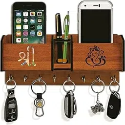 Ganesh Handicraft Design Key Holder for Wall | Storage Box Mobile Holder | Pen Holder | Home Side Wall Shelf | 8 Hook Stand | Home|Office| Hall | Living Room |Brown (Wood) (Shree Ganesha)-picture-26