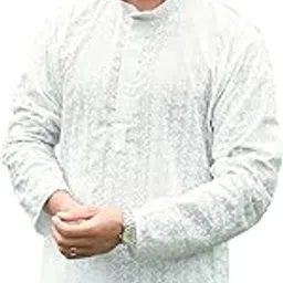 indiroop Classic White Chikankari Floral Men's Kurta Set – Embroidered Cotton Blend, Regular Fit for Casual & Festive Occasions-picture-21
