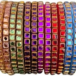 Nathans Global Handmade Silk thread kundan stone, Multi Colored Bangles for Women, Girls, Teens, set of two bangles in each color, 6 set of multi color bangles.-picture-36