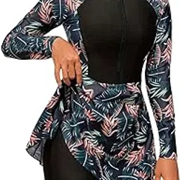 gorglitter Women's 2 Piece Tropical Tankini Swimsuits Long Sleeve Zip Flowy Swim Dress with Shorts-picture-18