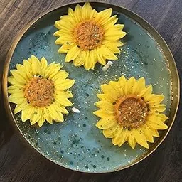Shree Creations Decorative Glass Plate with Sunflower Design, Blue-Green, 3 Flowers-picture-31