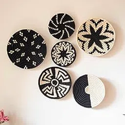 Gulaabi Ghar Sabai Grass Wall Decor Baskets, Black & White, Boho Round Handwoven Plates, Modern Tribal Pattern, Wall Art, Set of 6-image-58