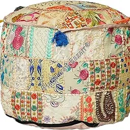 Footstool Seat Puff Cover Bohemian Vintage Patchwork Pouf Cover Round Pouffe Ottoman Cover Cotton Floral Furniture Pouffe Authenthic Standard Pouffe (16x16x13)-image-20