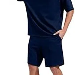 Men's Oversized Co-ord Set Casual T-Shirt and Shorts Combo Summer Streetwear Outfit (Blue-L)-picture-52