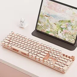 EWEADN V20 Typewriter Keyboard Wireless, 104 Keys Typewriter Style Mechanical with White Backlit, Media Knob, Pink Switch 2.4G/Bluetooth/USB-C Wired Retro Full Size Keyboard for Windows/Mac/PC-Pink-picture-25