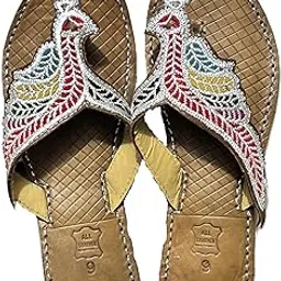 Designer Kohlapuri Chappal for women, Kasoori Chappal for women, Pure Leather, Silver Multicoloured Tilla Zari hand work in Peacock Design-image-12