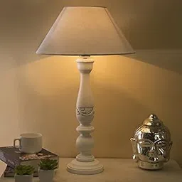 Homesake Wooden Table Lamp Antique Home Decor With Shade Empire, Table Night Lamps For Bedroom, Home Decoration Bedside Living Room, Corner Table For Living Room Decor, Home Decor Items, Diwali Decoration Items for Home Decor - White, Pack Of 1-image-23