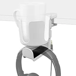 GEEKRIA 2 in 1 Headphone Hanger&Desk Cup Holder, Under Desk Clamp Rotatable Headset Compatible with Sennheiser, Bose, Beats, Razer, HyperX, Sony, Suitable for Coffee Mugs, Water Cups (White) image 1