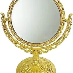 Vintage Style Vanity Mirror, Gold Metal Frame, Double-Sided Round Design with Ornate Base, Tabletop Makeup Mirror-image-31