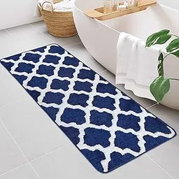Soft Shaggy Anti Skid Microfibre Bedside Runner Water Absorbent Machine Washable Rug for Bedroom Kitchen Bathroom Home & Office Restaurant Hotel Living Room (18x48inch,Blue)-image-0