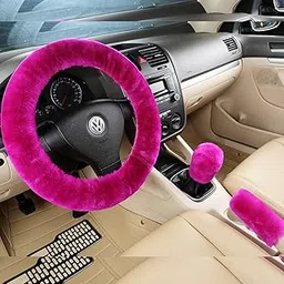 3Pcs/Set Pure Wool Fur Furry Steering Wheel Cover, Soft Fluffy Handbrake Cover Gear Shift Cover for Women Car SUV Truck Australia Sheepskin Accessories (Magenta)-picture-12