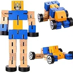 Wooden Robot Building Blocks Set, Blue and Yellow, Educational STEM Construction Toy, Transformable Car Design image 1