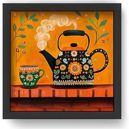 Paper Pajama Company Chai Time Wall Art Framed Tea Kettle Painting Colourful Kitchen Decor 10.5 x 10.5 Inch by Nav Nitika-picture-10