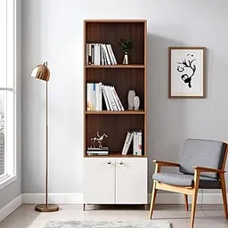 Regal Tall Wooden Bookshelf with 2-Door Cabinet & 3 Open Shelves | Modern Multipurpose Bookcase for Living Room, Bedroom & Office | 180 x 60 x 30 cm, Exotic Teak & White Finish image 1