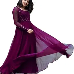 Traditional Indian Wear Embroidered Mirror Work Georgette Anarkali Kurta for Women - Solid Design, Long Sleeves, Ankle & Floor Length, 3.5 Meter Flare-image-21