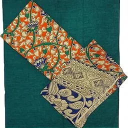 sr handlooms and textiles Traditional Kalamkari Cotton Dress Material Set, Orange and Blue Floral Pattern, 3 Pieces-picture-38