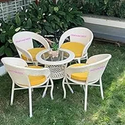 AAKARSHAK India 4+1 Outdoor Indoor Patio Furniture Sets Rattan Chair Patio Set Conversation Set Bistro Set Chairs Balcony Outdoor Garden Furniture Chair (Cream and Yellow Cushion)-picture-22